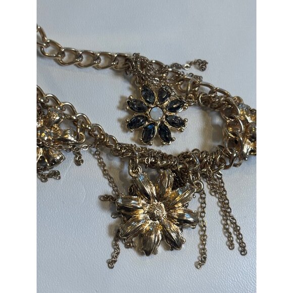 Gold Floral Statement fringe Necklace With Blue & Clear Gem Accents Dangle Chai - Picture 11 of 12